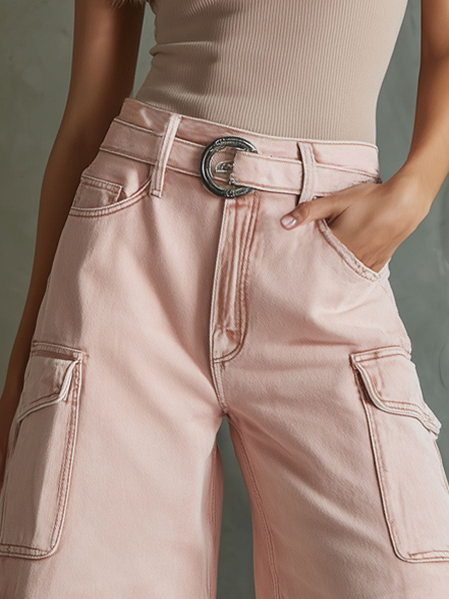 Retro Loose Pink Multi-pocket Denim Shorts