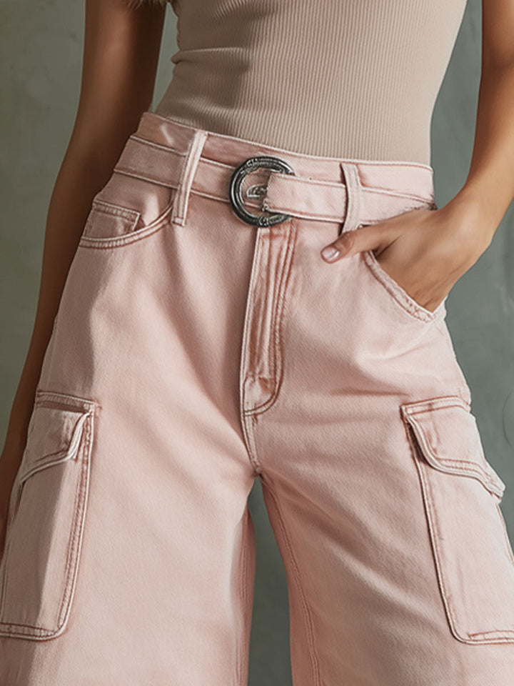 Retro Loose Pink Multi-pocket Denim Shorts