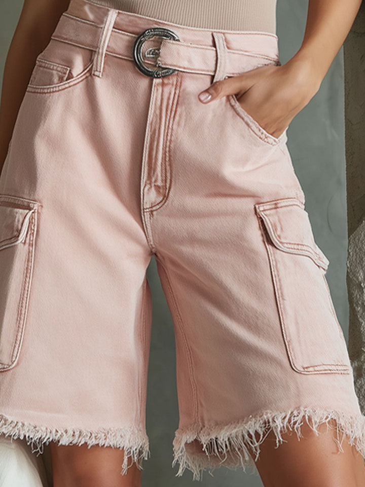 Retro Loose Pink Multi-pocket Denim Shorts