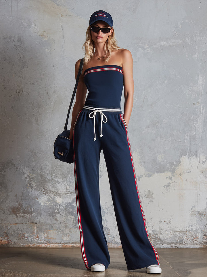 Retro-Sporty Striped-Trim Navy Cotton Off-Shoulder Jumpsuit