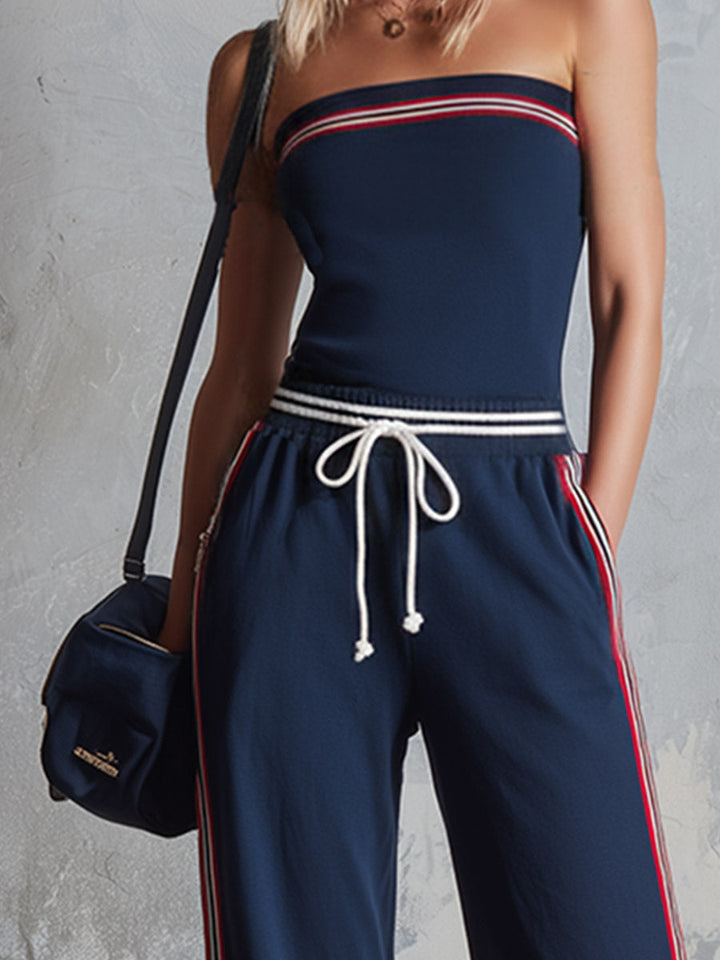 Retro-Sporty Striped-Trim Navy Cotton Off-Shoulder Jumpsuit