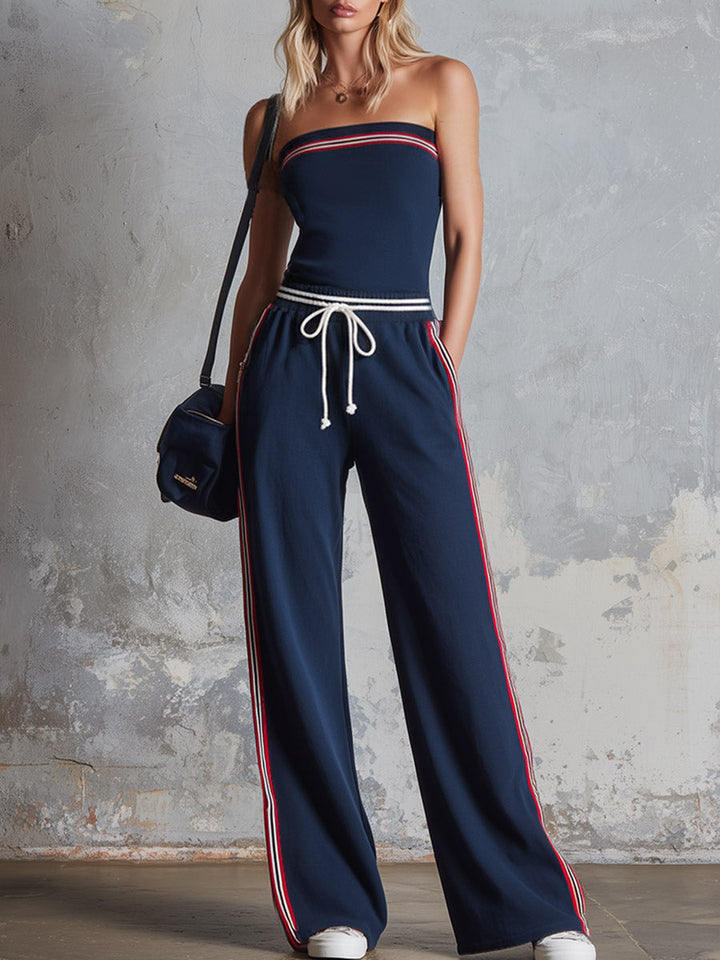 Retro-Sporty Striped-Trim Navy Cotton Off-Shoulder Jumpsuit