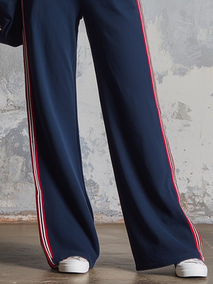 Retro-Sporty Striped-Trim Navy Cotton Off-Shoulder Jumpsuit