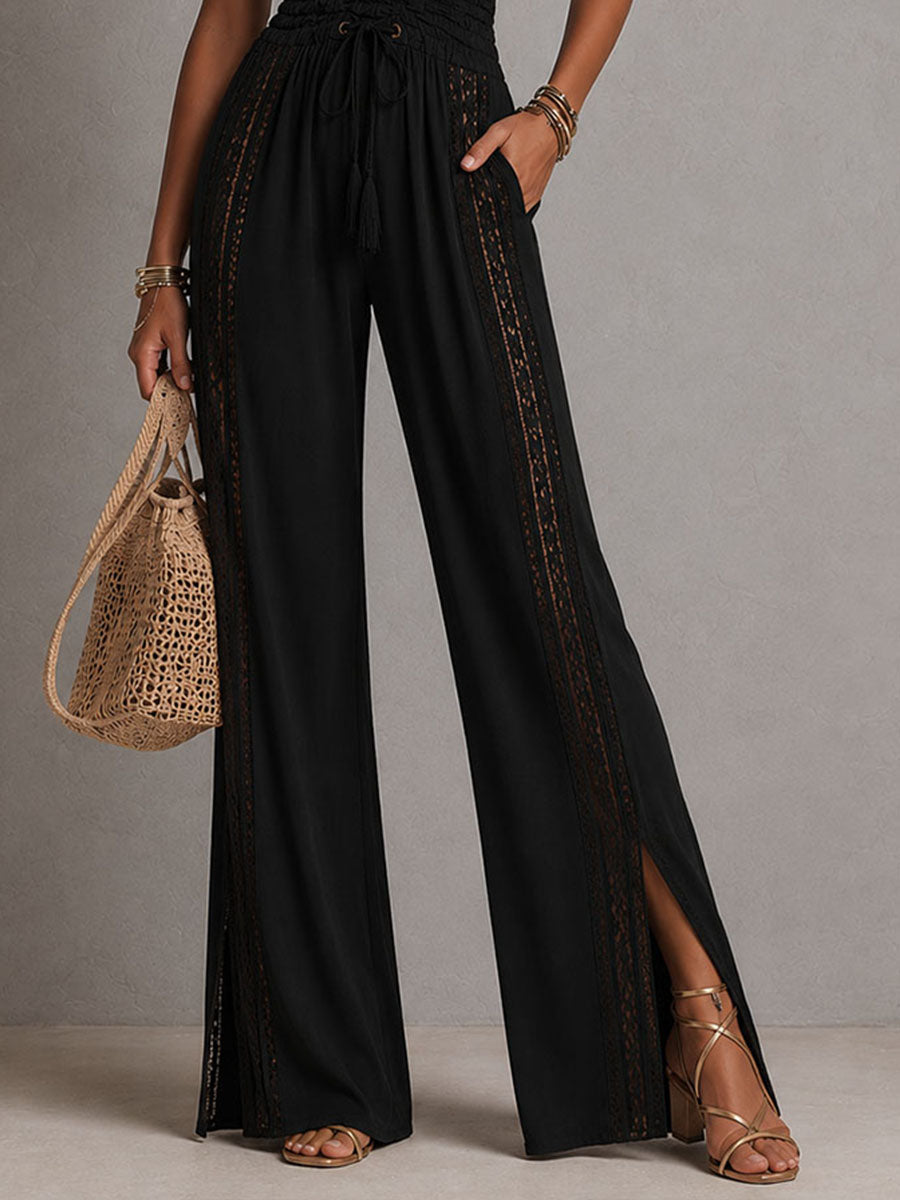 Boho Elegant Lace Panel Smocked Waist Wide Leg One-Piece Jumpsuit
