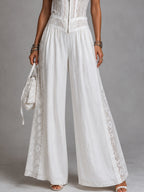 Retro Stand-Collar Tencel Wide-Leg Jumpsuit With Lace Trim