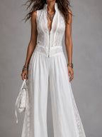 Retro Stand-Collar Tencel Wide-Leg Jumpsuit With Lace Trim