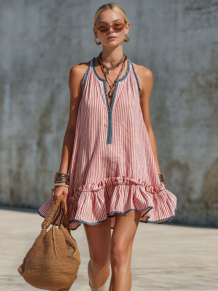 Casual Retro Ruffled Red And White Striped Cotton Linen Sleeveless Mini Dress