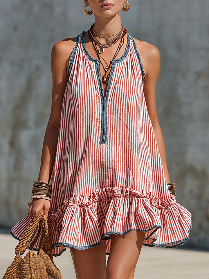 Casual Retro Ruffled Red And White Striped Cotton Linen Sleeveless Mini Dress