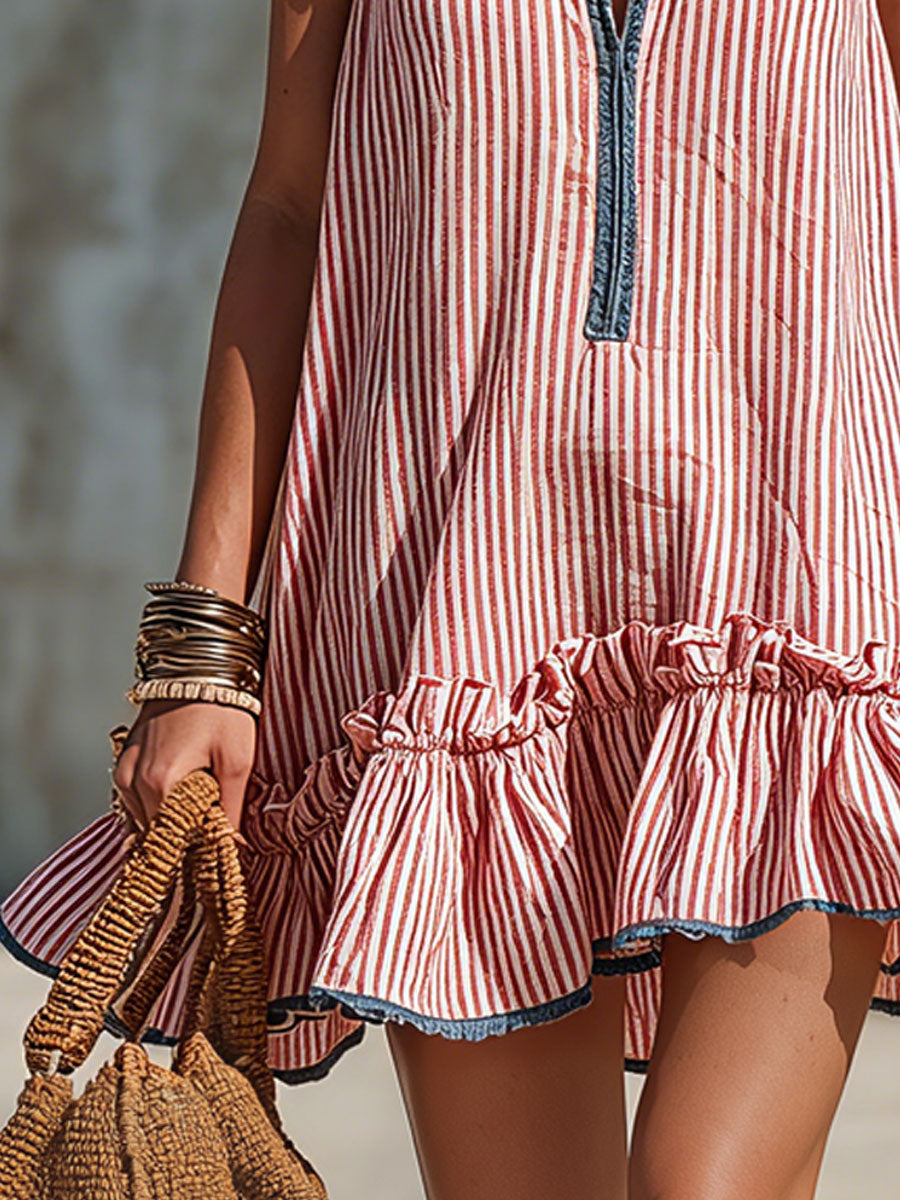 Casual Retro Ruffled Red And White Striped Cotton Linen Sleeveless Mini Dress