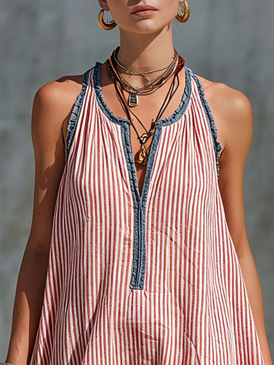 Casual Retro Ruffled Red And White Striped Cotton Linen Sleeveless Mini Dress