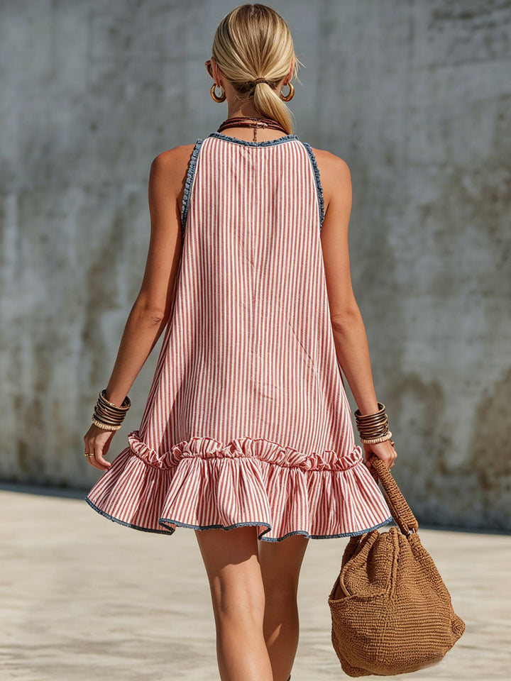 Casual Retro Ruffled Red And White Striped Cotton Linen Sleeveless Mini Dress