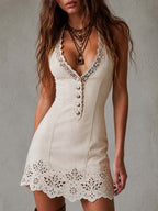 Vintage style Pure Cotton Mini Dress With Cutwork Embroidery Hem