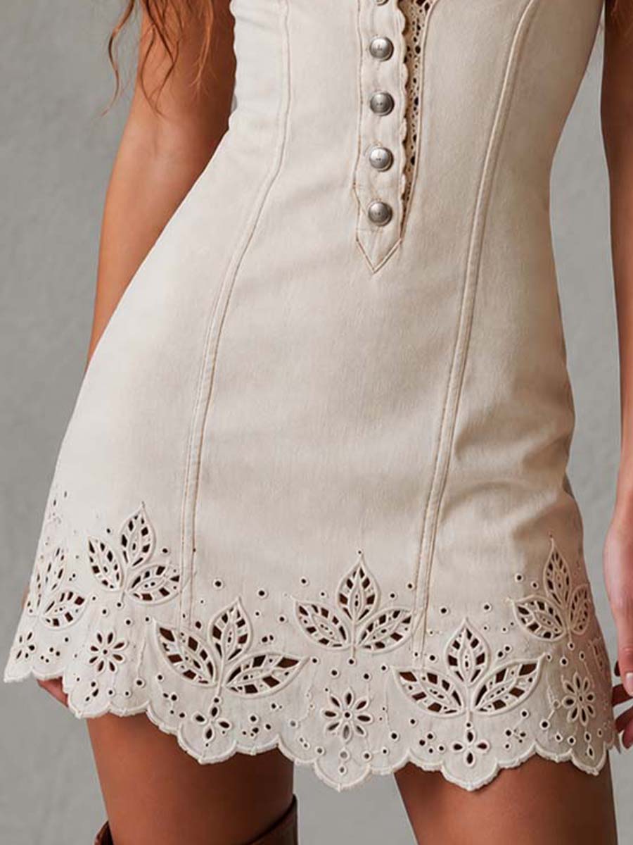 Vintage style Pure Cotton Mini Dress With Cutwork Embroidery Hem