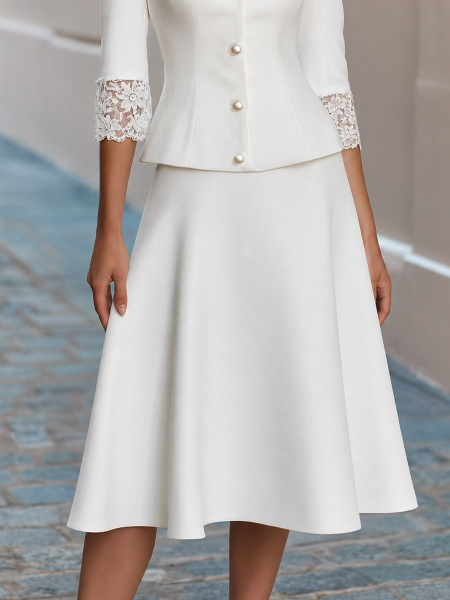 Lace Trim V-Neck Pearl Button  Blazer &amp; Flared Midi Skirt Two-Piece Suit