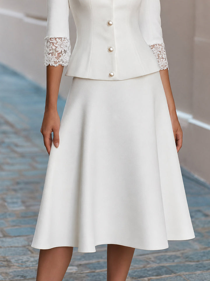 Lace Trim V-Neck Pearl Button  Blazer &amp; Flared Midi Skirt Two-Piece Suit