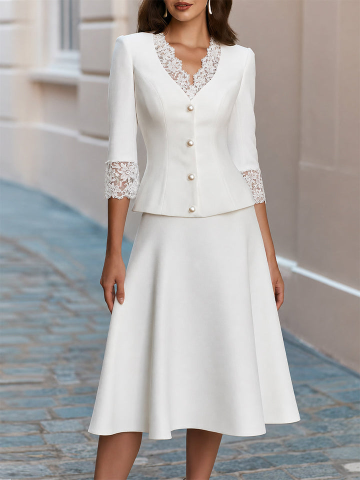Lace Trim V-Neck Pearl Button  Blazer &amp; Flared Midi Skirt Two-Piece Suit