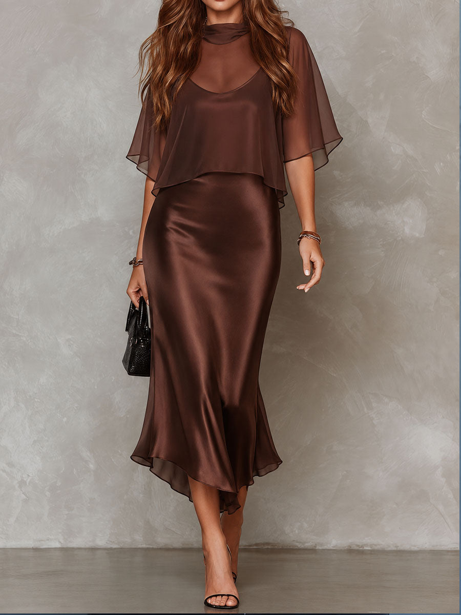 Retro Elegant Chocolate Brown Sheer Chiffon Overlay & Satin Midi Dress Set