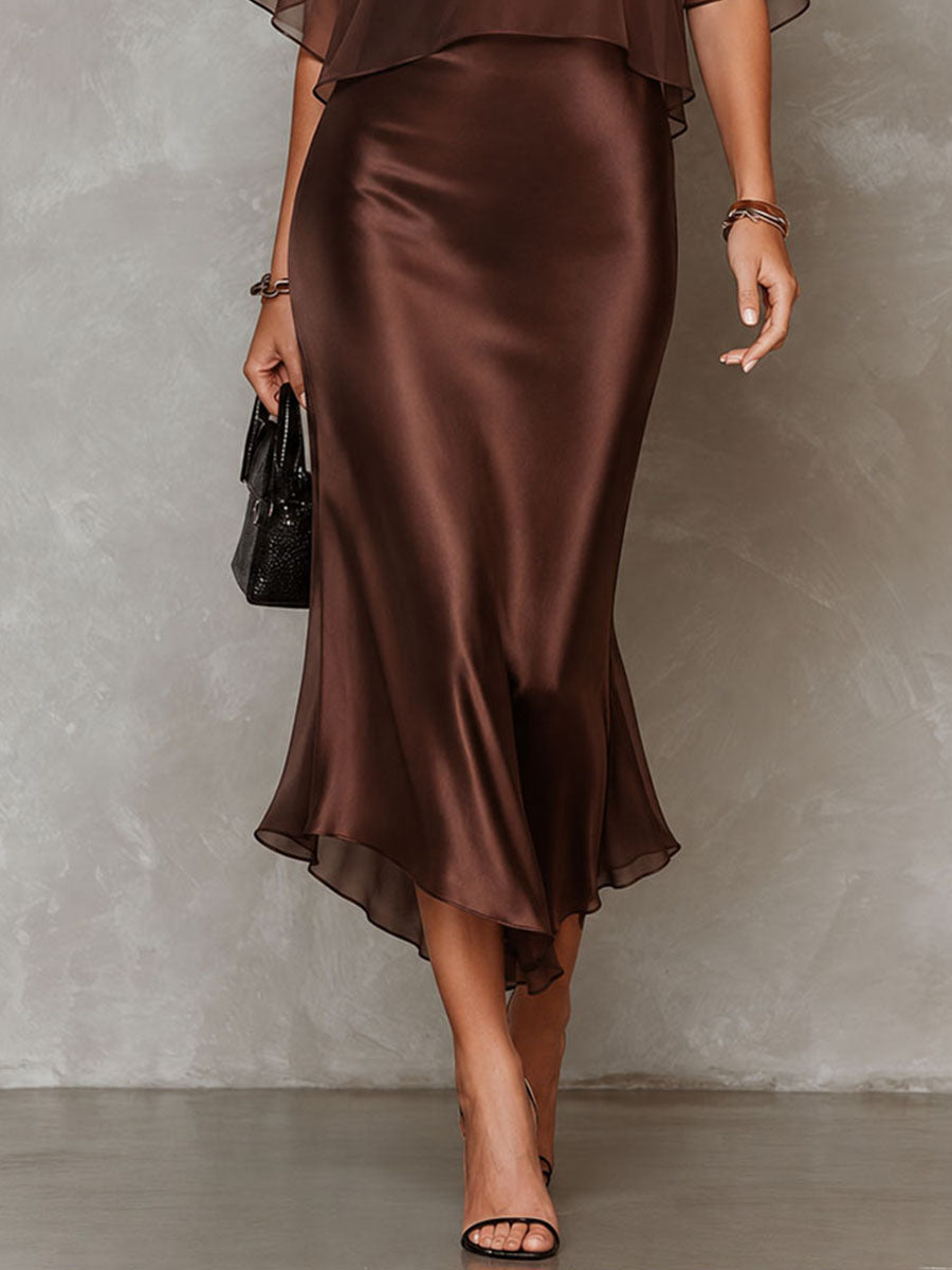 Retro Elegant Chocolate Brown Sheer Chiffon Overlay &amp; Satin Midi Dress Set