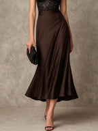 Retro Elegant Chocolate Brown Satin & Lace Halter Midi Dress