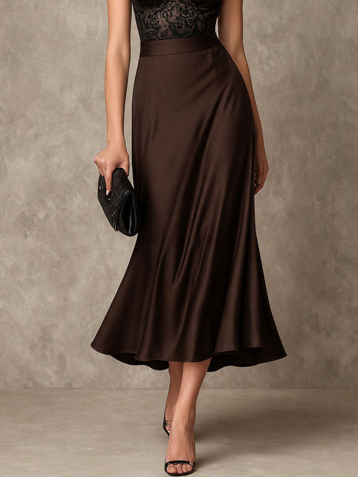 Retro Elegant Chocolate Brown Satin &amp; Lace Halter Midi Dress