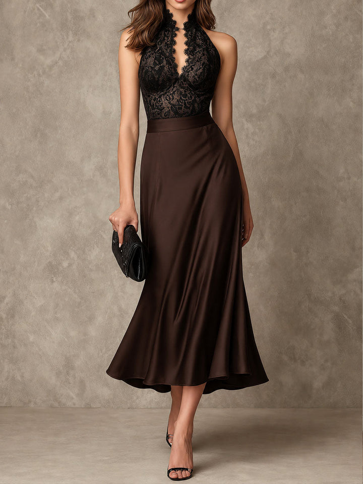 Retro Elegant Chocolate Brown Satin &amp; Lace Halter Midi Dress