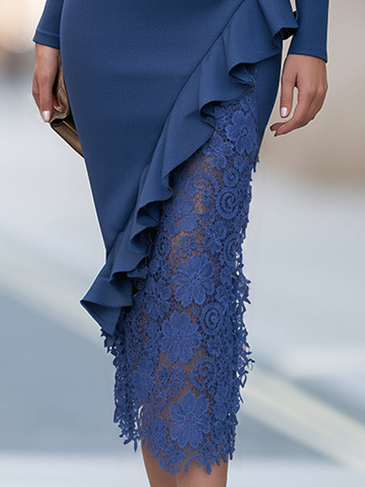 Asymmetric Ruffle Lace Panel Midi Dress
