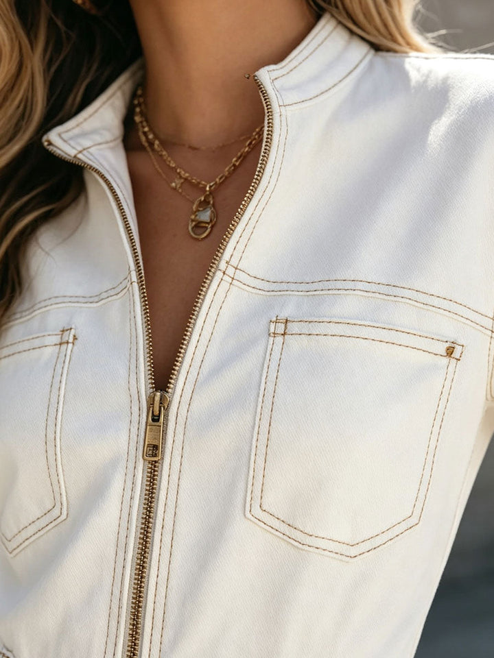 Western Retro Frayed White Denim Lace-up Long-sleeved Jumpsuit