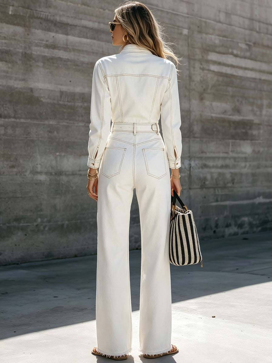 Western Retro Frayed White Denim Lace-up Long-sleeved Jumpsuit