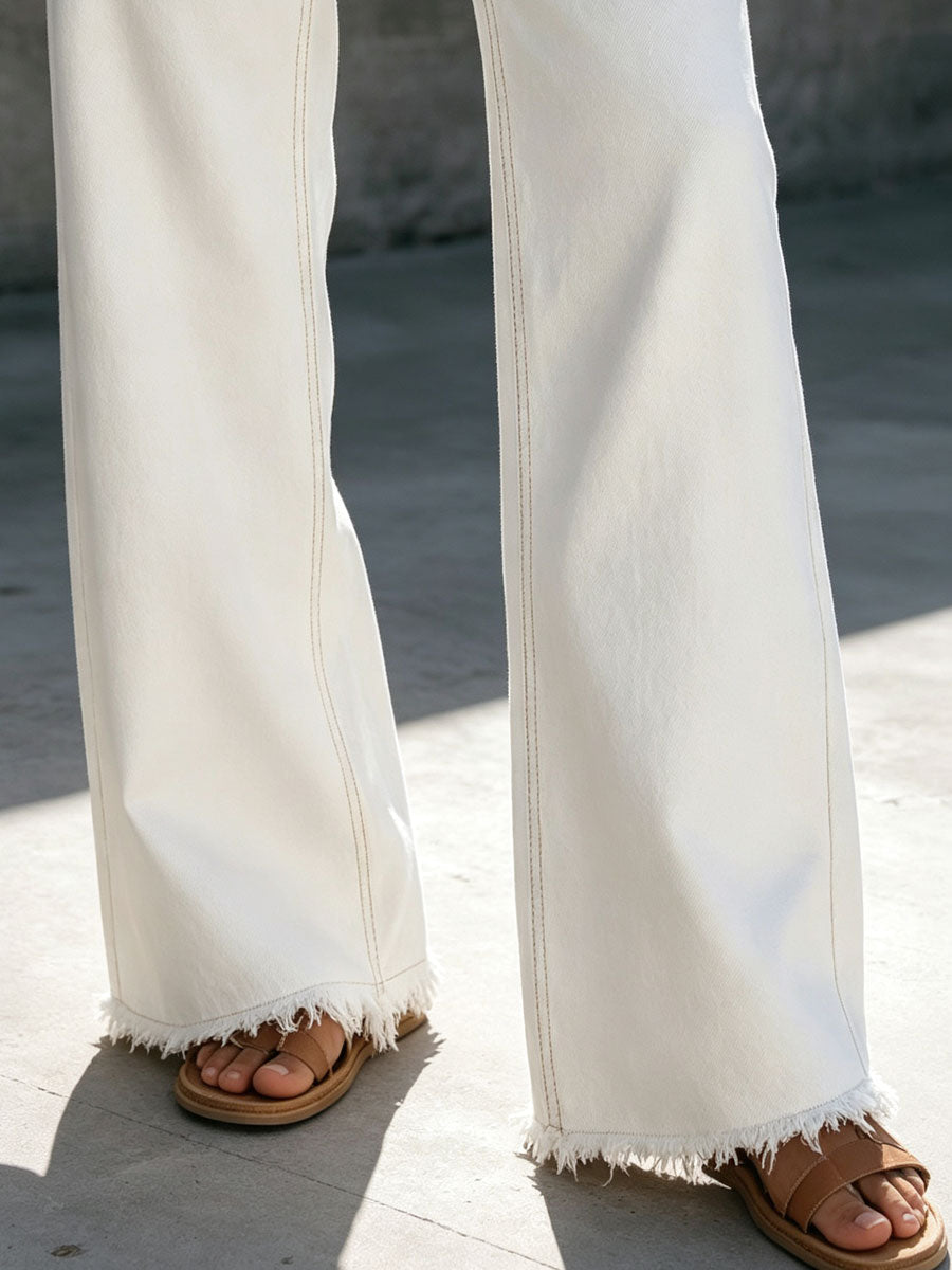 Western Retro Frayed White Denim Lace-up Long-sleeved Jumpsuit