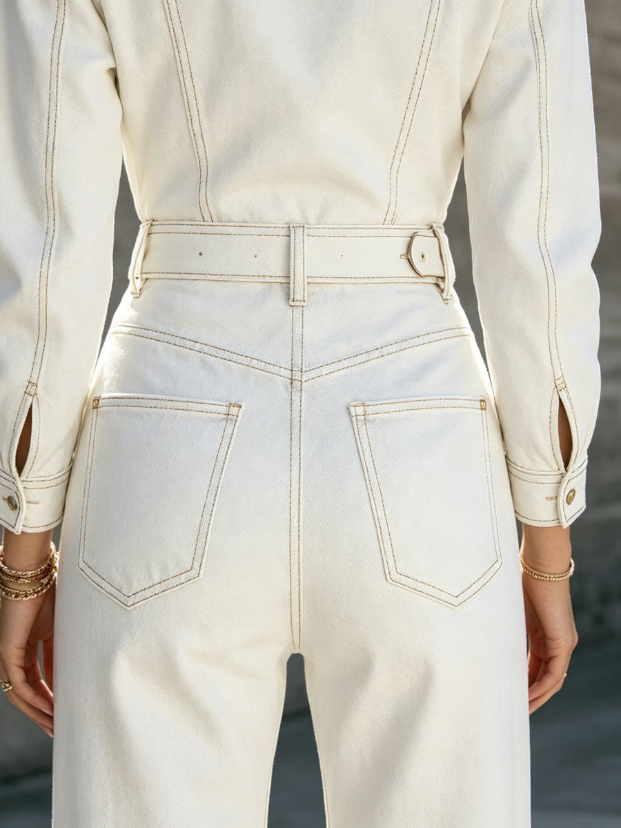 Western Retro Frayed White Denim Lace-up Long-sleeved Jumpsuit