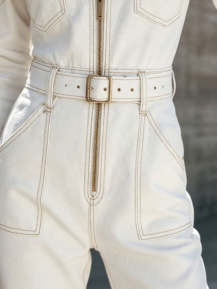 Western Retro Frayed White Denim Lace-up Long-sleeved Jumpsuit