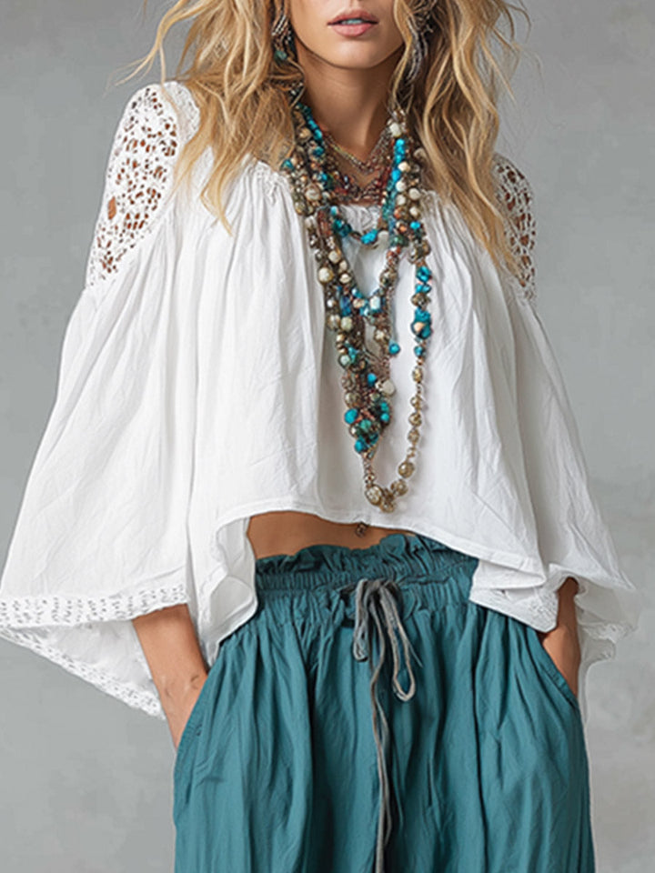 Vintage-style Boho White Shirt And Teal Utility Trousers Cotton-linen Set