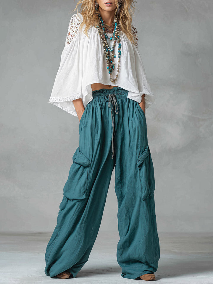 Vintage-style Boho White Shirt And Teal Utility Trousers Cotton-linen Set