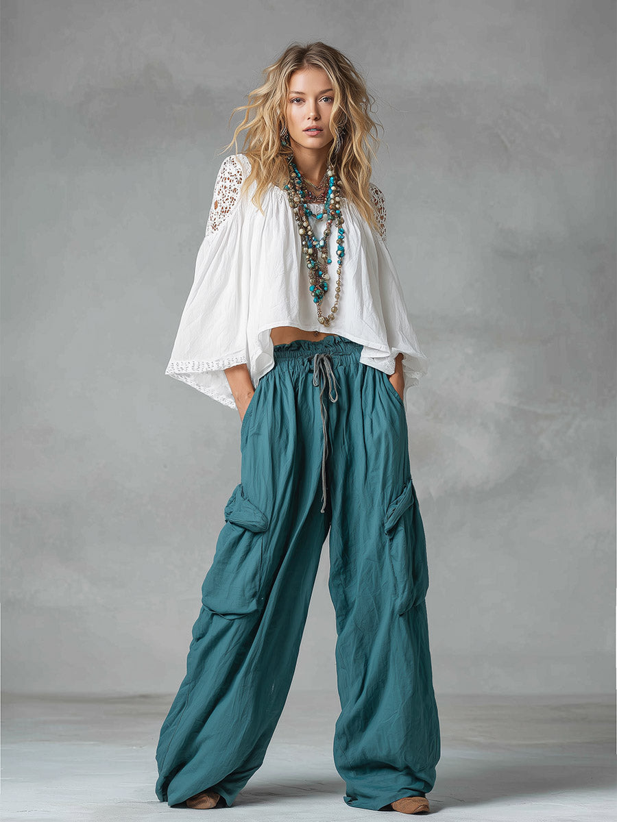 Vintage-style Boho White Shirt And Teal Utility Trousers Cotton-linen Set