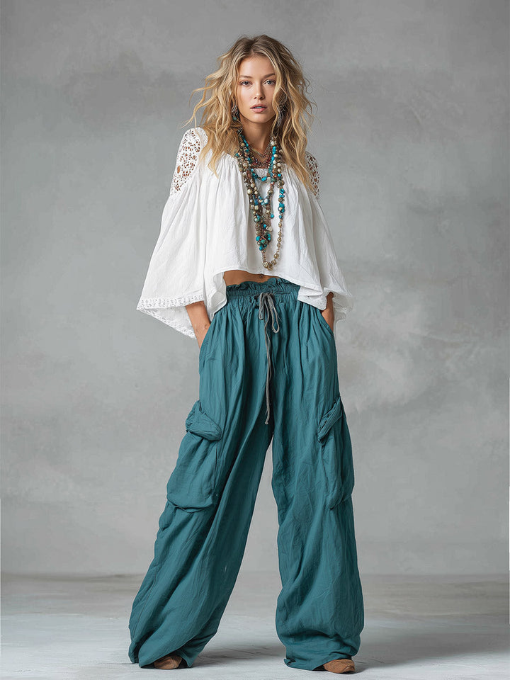 Vintage-style Boho White Shirt And Teal Utility Trousers Cotton-linen Set