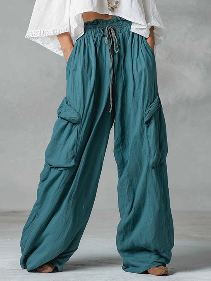 Vintage-style Boho White Shirt And Teal Utility Trousers Cotton-linen Set