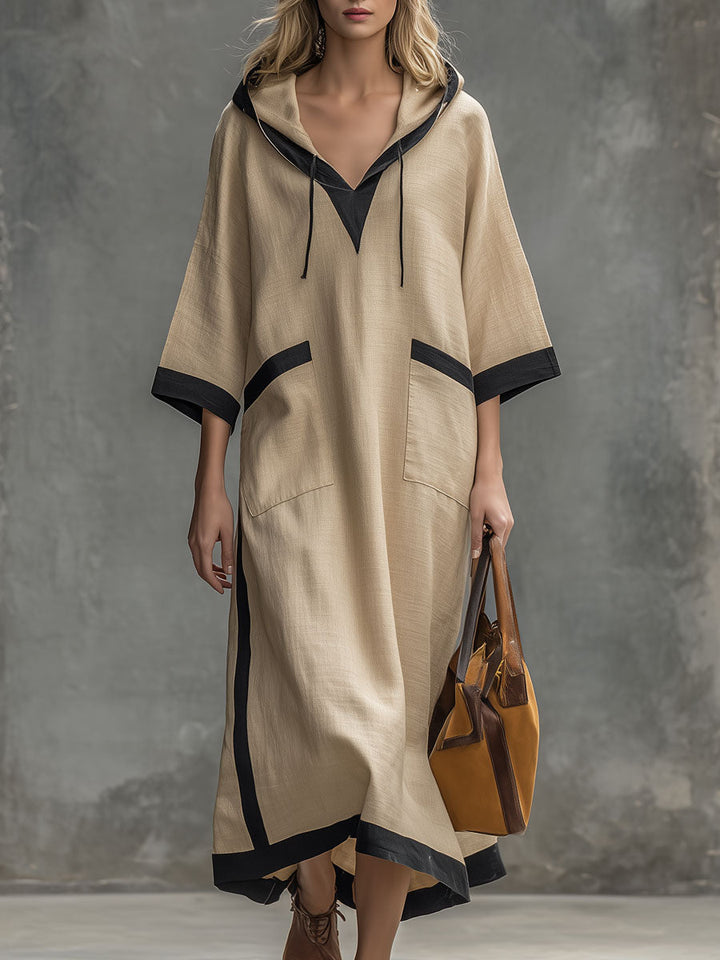 Casual Retro Color-blocked Trim Khaki Hooded Cotton-linen Midi Dress