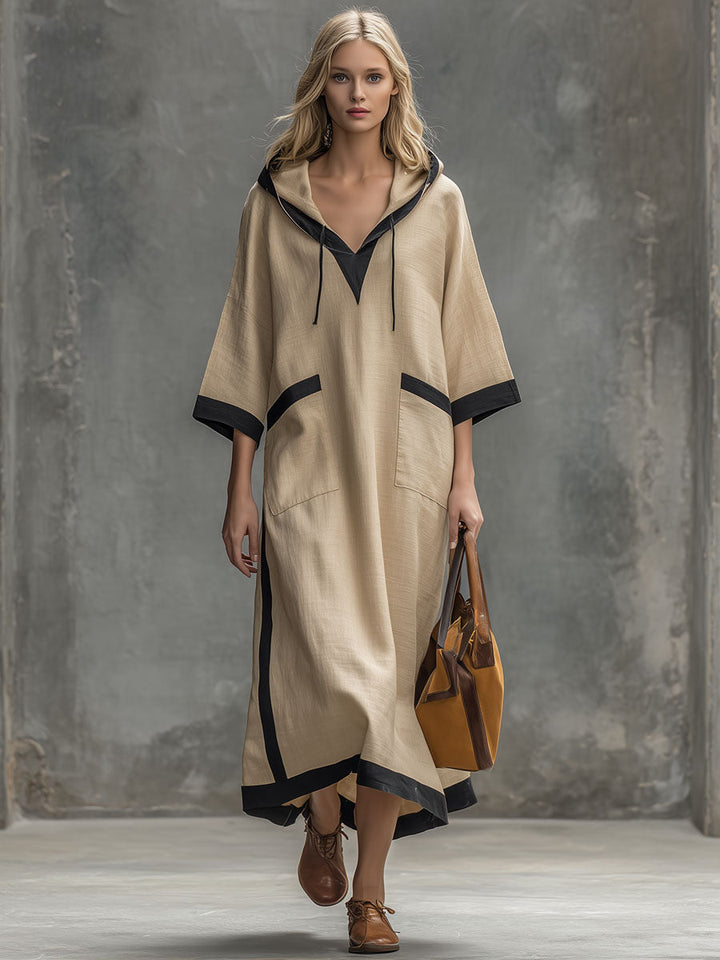 Casual Retro Color-blocked Trim Khaki Hooded Cotton-linen Midi Dress