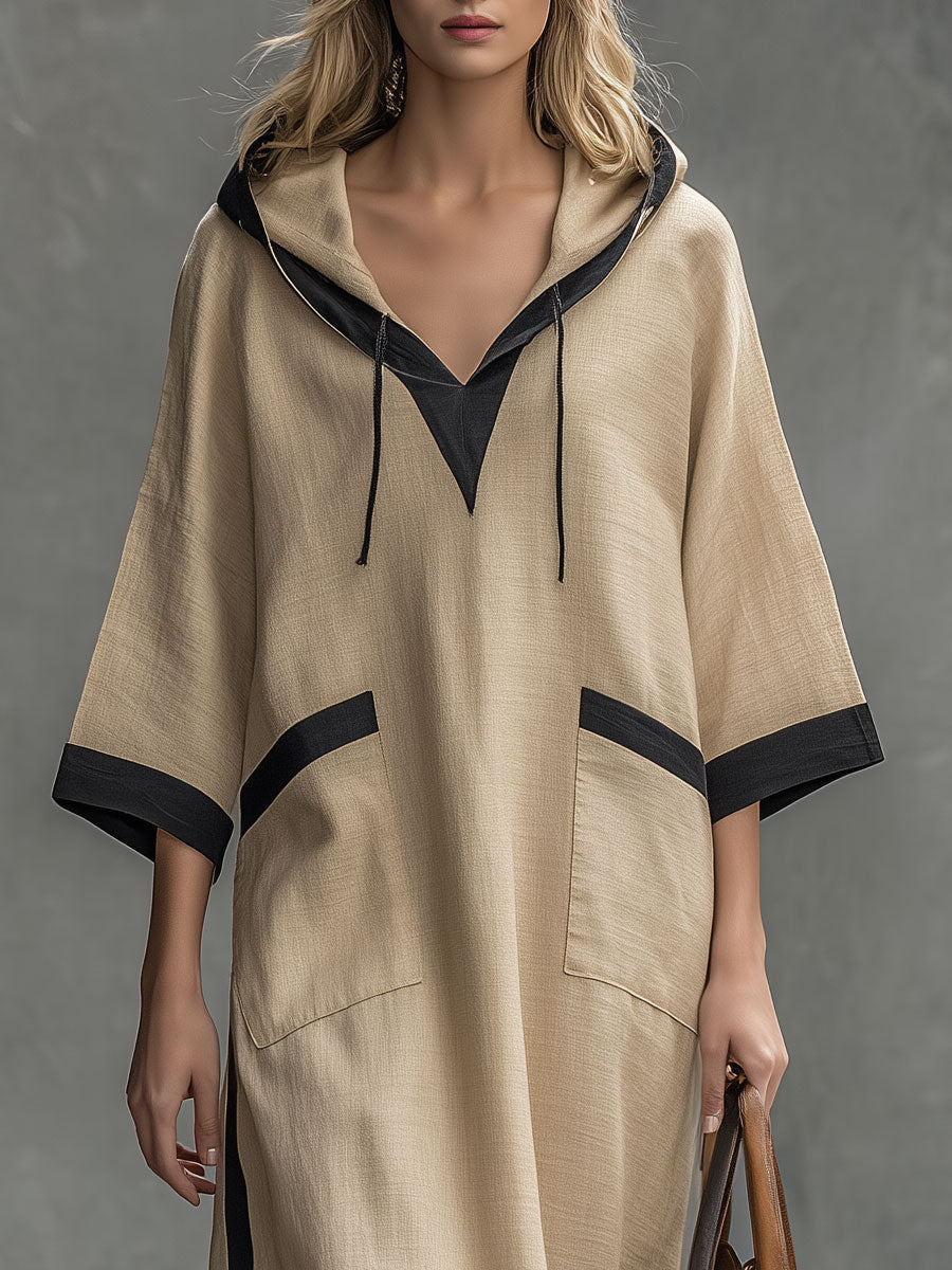 Casual Retro Color-blocked Trim Khaki Hooded Cotton-linen Midi Dress