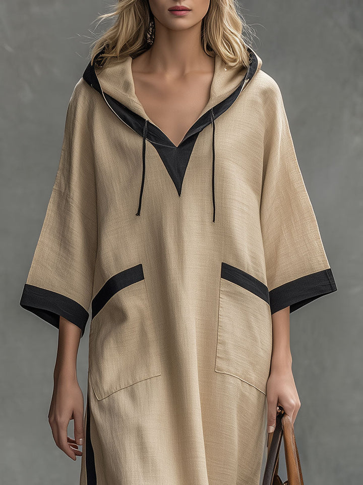Casual Retro Color-blocked Trim Khaki Hooded Cotton-linen Midi Dress