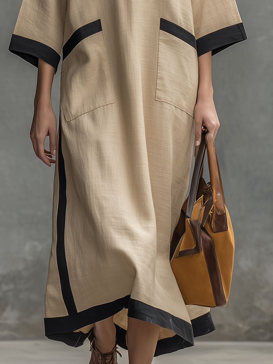 Casual Retro Color-blocked Trim Khaki Hooded Cotton-linen Midi Dress