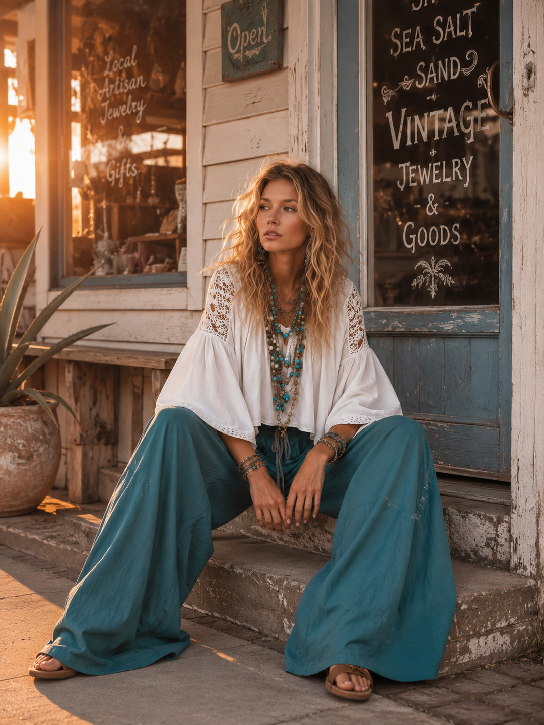 Vintage-style Boho White Shirt And Teal Utility Trousers Cotton-linen Set