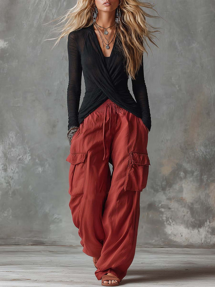 Retro Casual Workwear Style Black V-Neck Mesh Long-sleeved Top And Red Cotton Pants Set