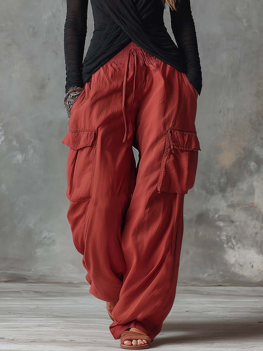 Retro Casual Workwear Style Black V-Neck Mesh Long-sleeved Top And Red Cotton Pants Set