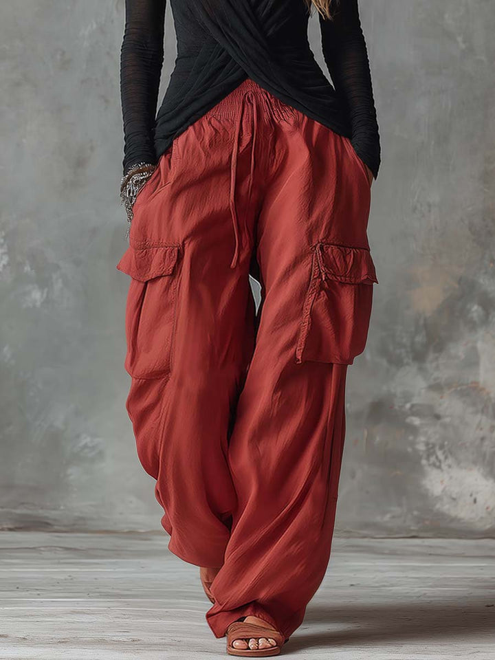 Retro Casual Workwear Style Black V-Neck Mesh Long-sleeved Top And Red Cotton Pants Set