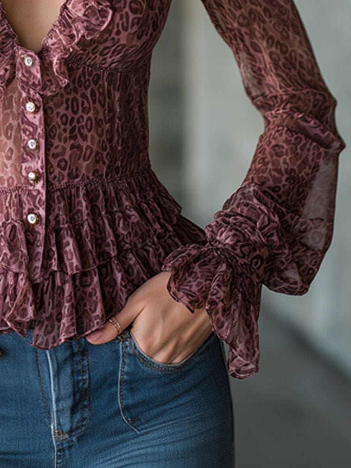 Elegant Retro Purple Leopard Print Chiffon Long-sleeved Ruffled Blouse