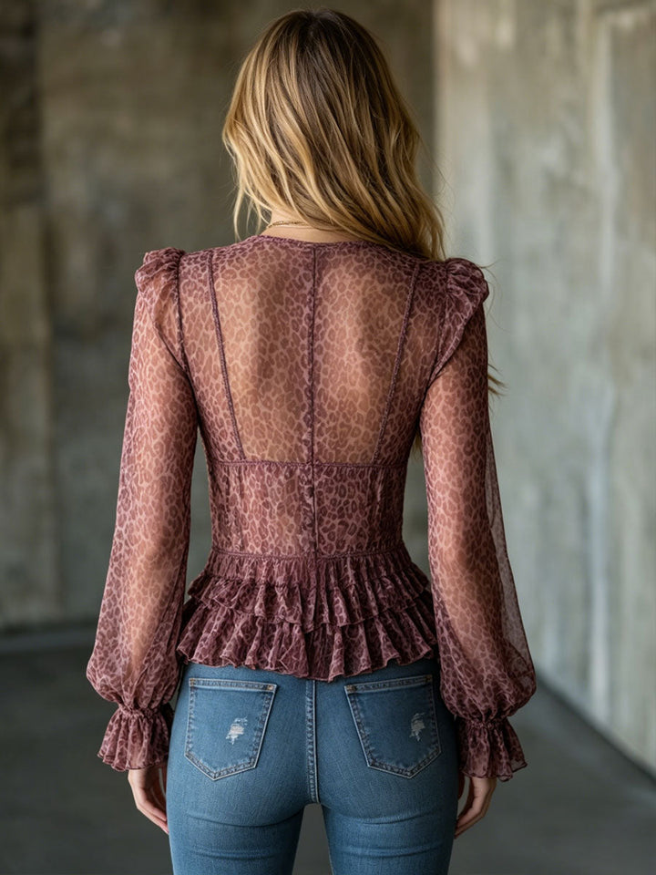 Elegant Retro Purple Leopard Print Chiffon Long-sleeved Ruffled Blouse
