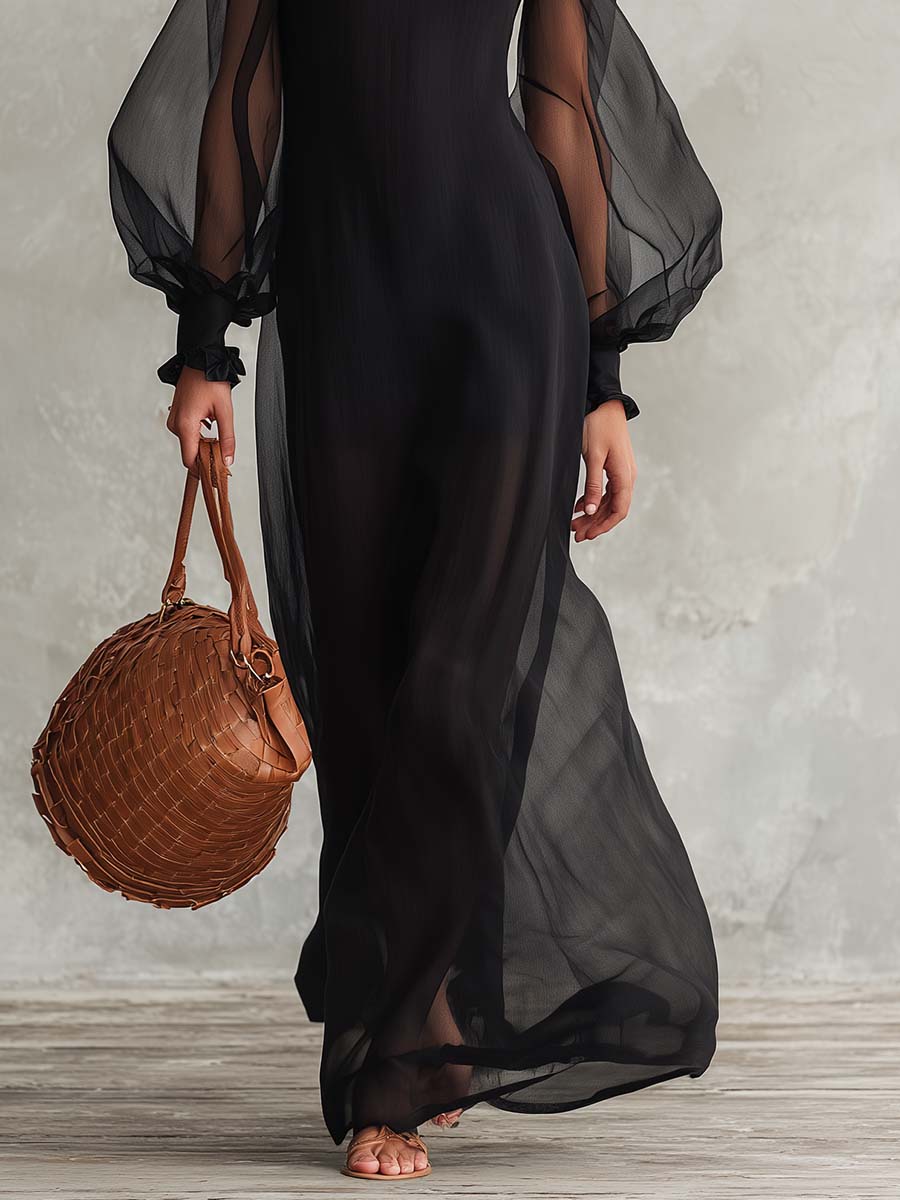 Elegant Black Sheer Mesh Ruffle-Neck Long-Sleeve Cotton-Lined Maxi Dress