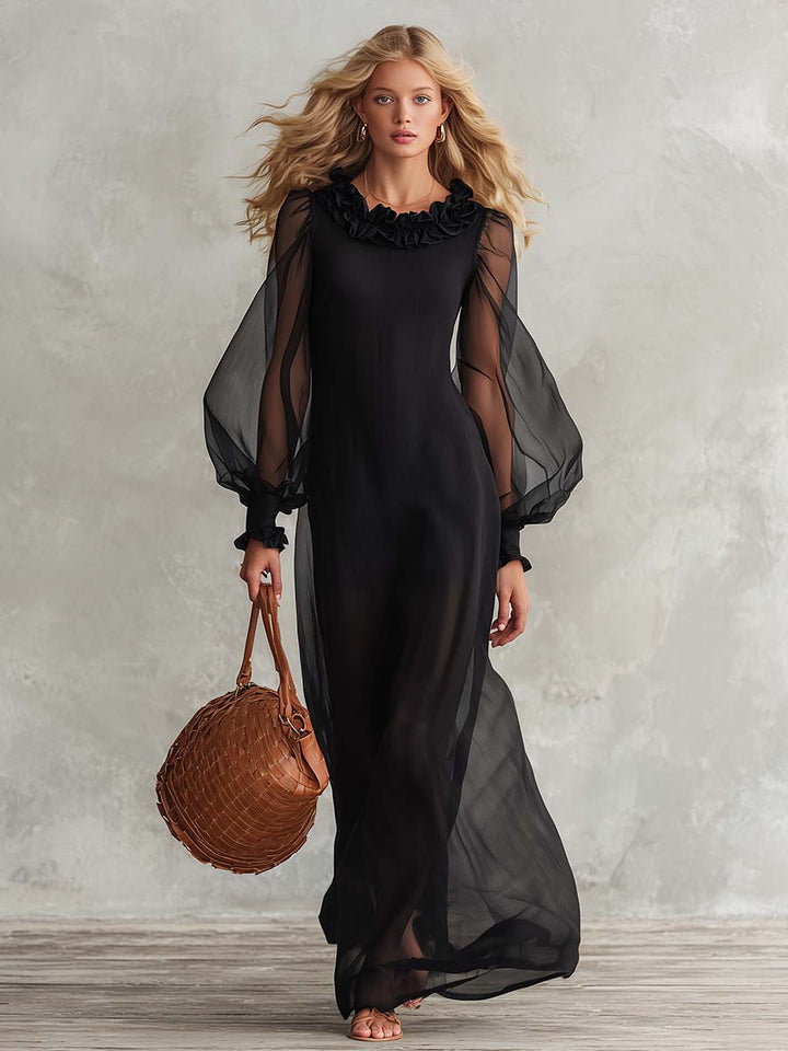Elegant Black Sheer Mesh Ruffle-Neck Long-Sleeve Cotton-Lined Maxi Dress