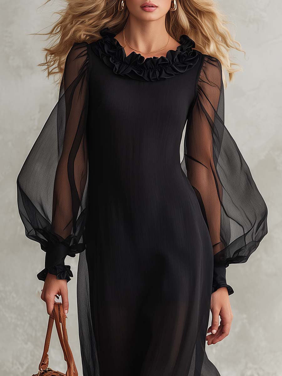 Elegant Black Sheer Mesh Ruffle-Neck Long-Sleeve Cotton-Lined Maxi Dress